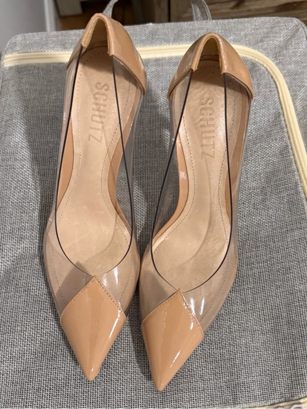 SCHUTZ Patent Nude Pointed-Toe Pumps with Clear Panels